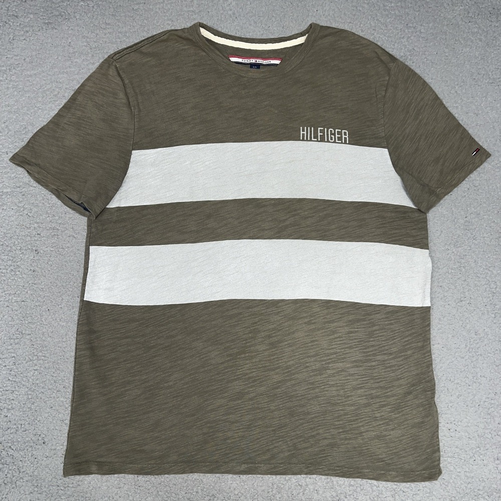 Tommy Hilfiger T Shirt Men's Sz L Olive Green White Striped Spell Out Logo Tee - Picture 2 of 7